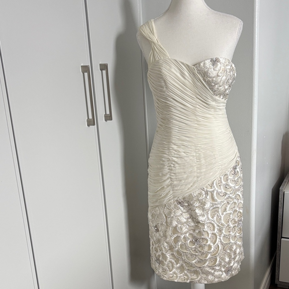 Elegant Ivory Sue Wong One-Shoulder Dress